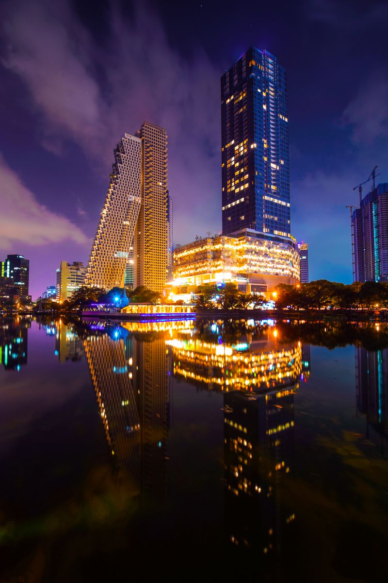 Colombo city lights reflected in the lake at night